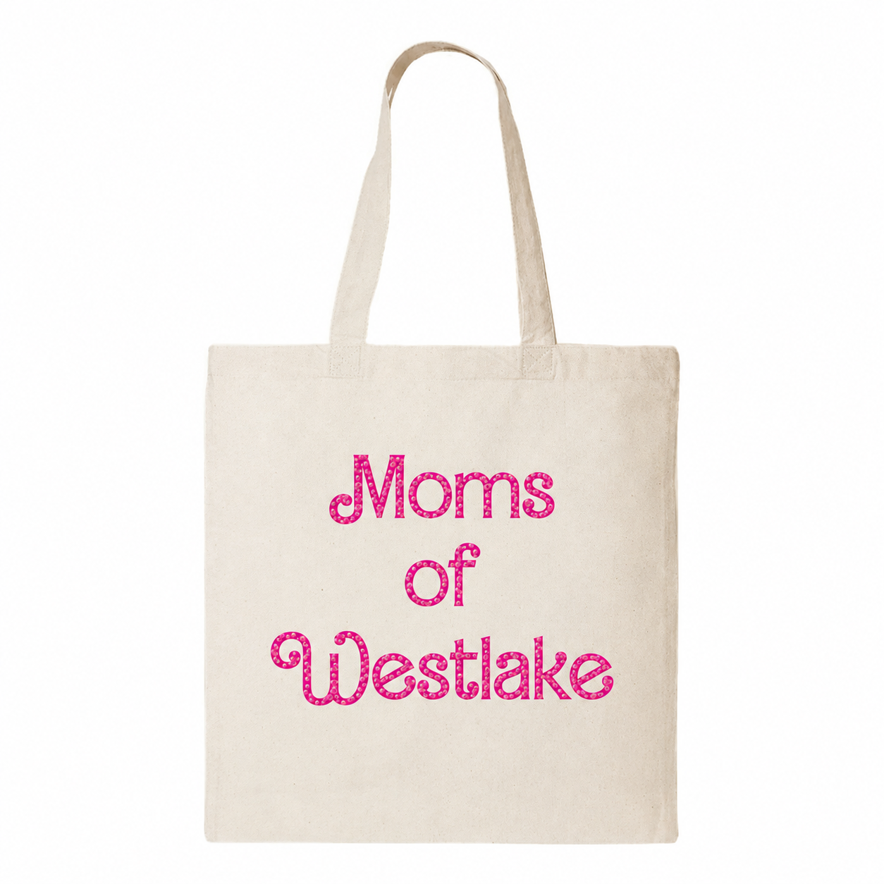 Moms of Westlake canvas tote — Bartex Pro screen print with pink sequin fill